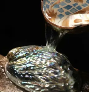 Natural shell fragments displaying vibrant iridescence used for traditional inlay crafts.