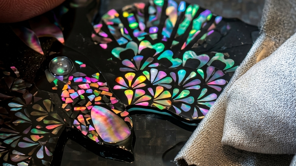 Traditional Chinese luodian technique: polishing mother-of-pearl inlay on lacquerware.