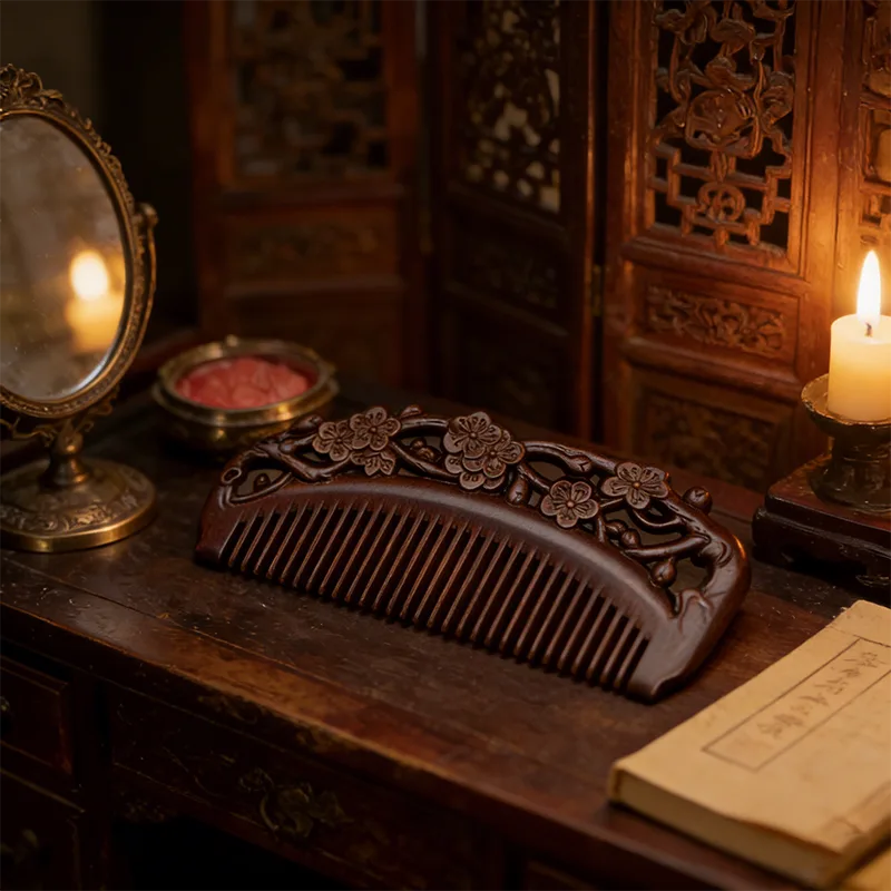 Close detail of ebony comb teeth and carved body