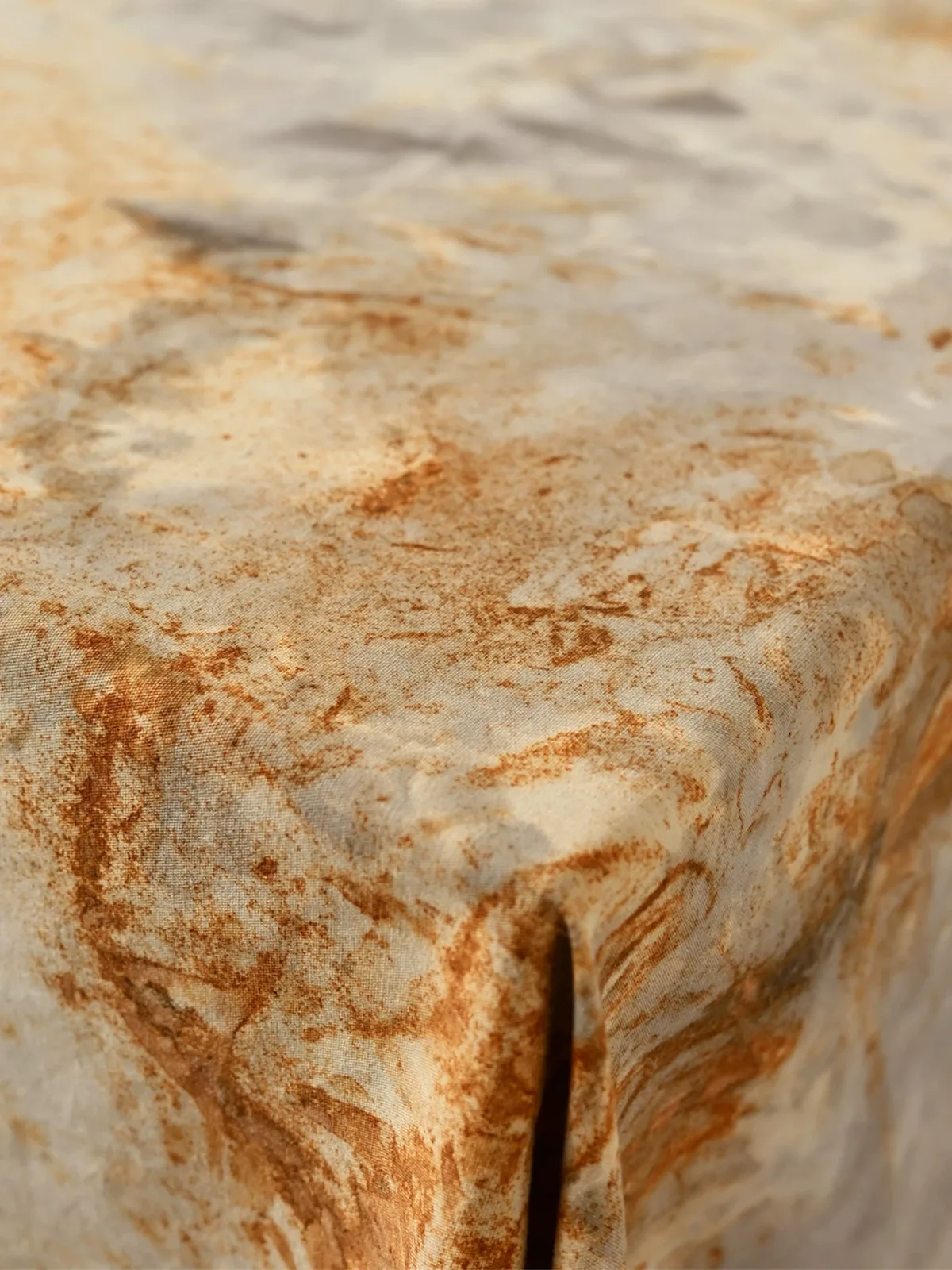 Black tea rust dyeing, plant dyeing, tie-dye fabric, pure cotton artisan hand-rolled edges technique detail