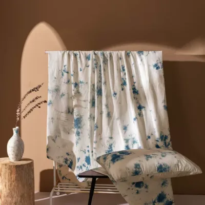 Handmade indigo plant cloud dyeing cotton and linen four-piece set in 100% grade 6a mulberry silk with hand-rolled edges