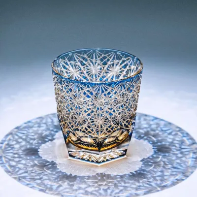 Imperial Blue Daisy Crystal Tea Glass detail view showing premium crystal glass texture and finish