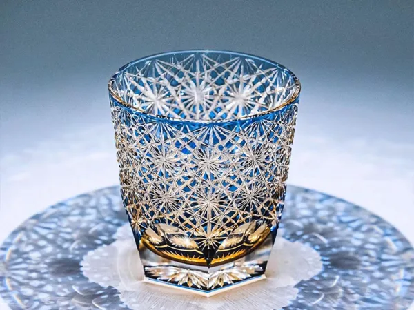 Imperial Blue Daisy Crystal Tea Glass detail view showing premium crystal glass texture and finish