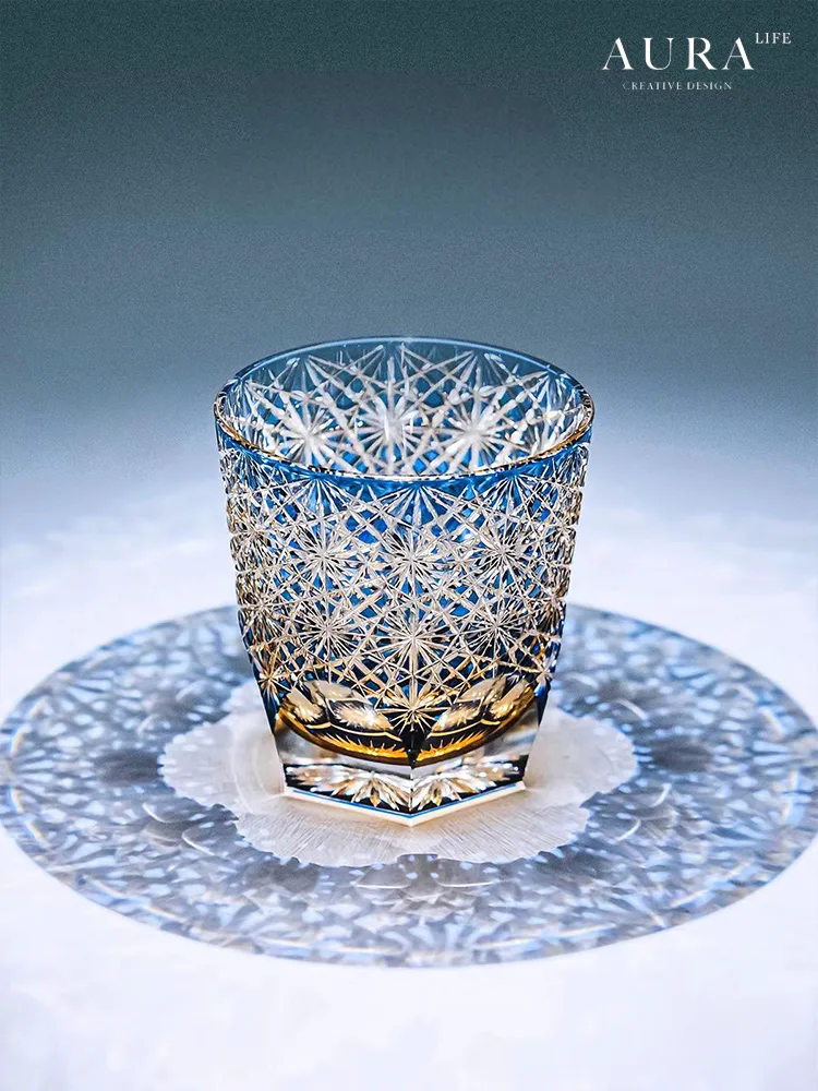 Imperial Blue Daisy Crystal Tea Glass detail view showing premium crystal glass texture and finish