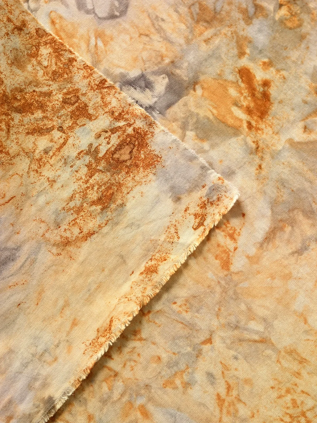 Black tea rust dyeing, plant dyeing, tie-dye fabric, pure cotton lifestyle display on natural backdrop