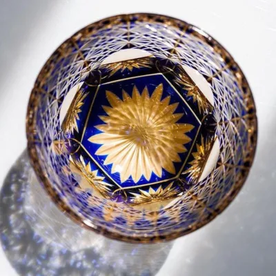 Imperial Blue Daisy Crystal Tea Glass artisan cold-painted accents technique detail