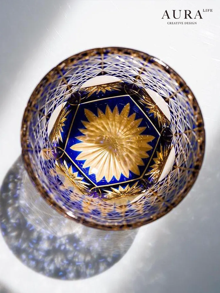 Imperial Blue Daisy Crystal Tea Glass artisan cold-painted accents technique detail