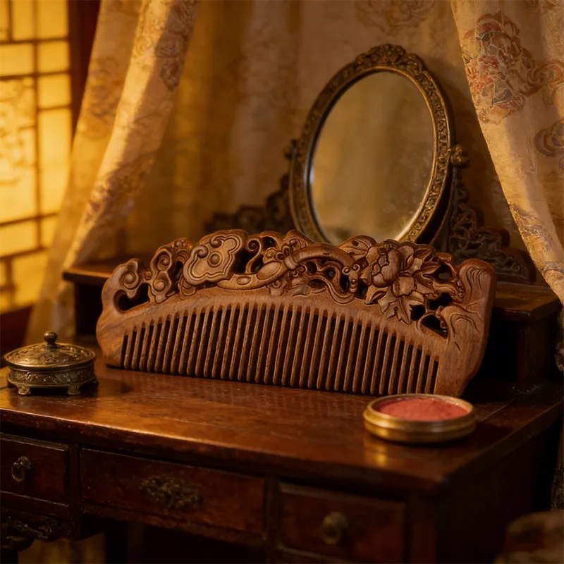 Hand-carved ebony comb with floral silhouette