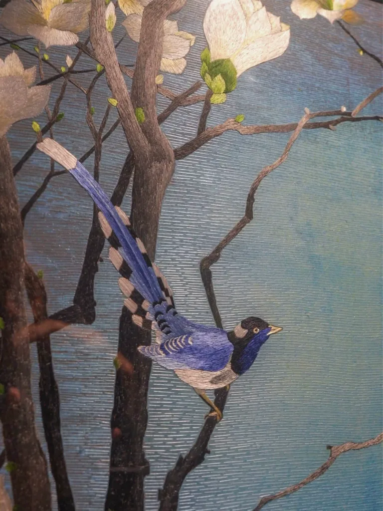 Heritage Su Embroidery Silk Painting detail view showing 100% grade 6a mulberry silk texture and finish