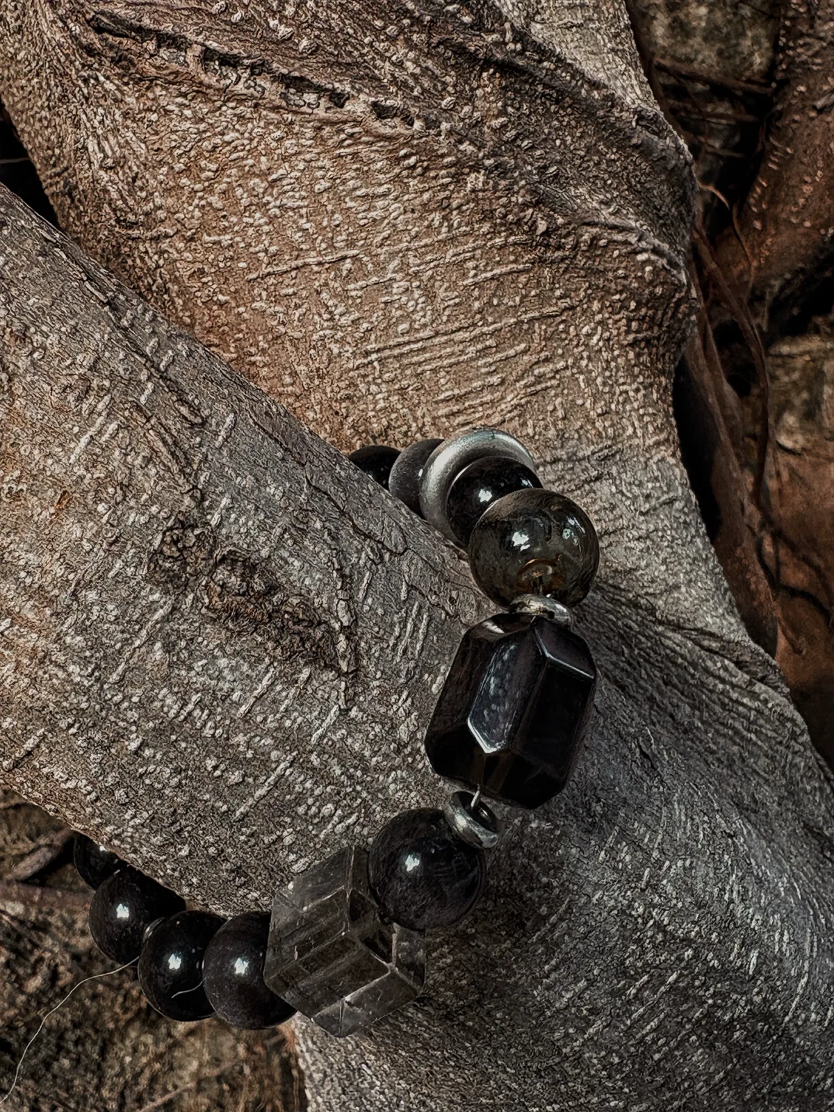 Aromatherapy Crystal Bracelet in Silver Sheen Obsidian & Smoky Quartz showing natural fragrance and home ritual detail