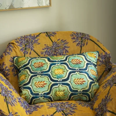 Bohemian Heavy Linen Lumbar Pillow showing tea-dyed textile and handmade bag detail
