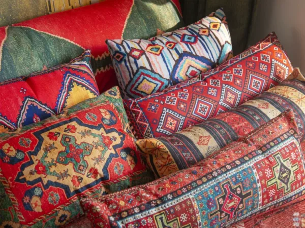 Bohemian Heavy Linen Lumbar Pillow for warm artisan home decor styling