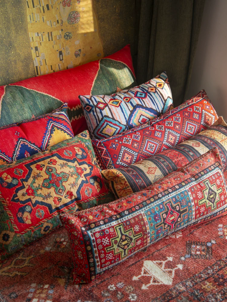 Bohemian Heavy Linen Lumbar Pillow for warm artisan home decor styling