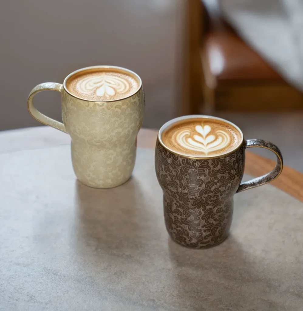 Carved Ceramic Coffee Mug showing carved relief ceramic surface texture