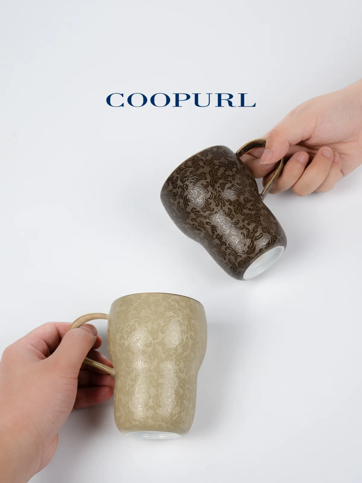 Carved Ceramic Coffee Mug showing carved relief ceramic surface texture