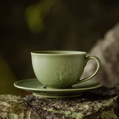 Celadon Lotus Ceramic Coffee Mug showing ceramic craft and surface detail