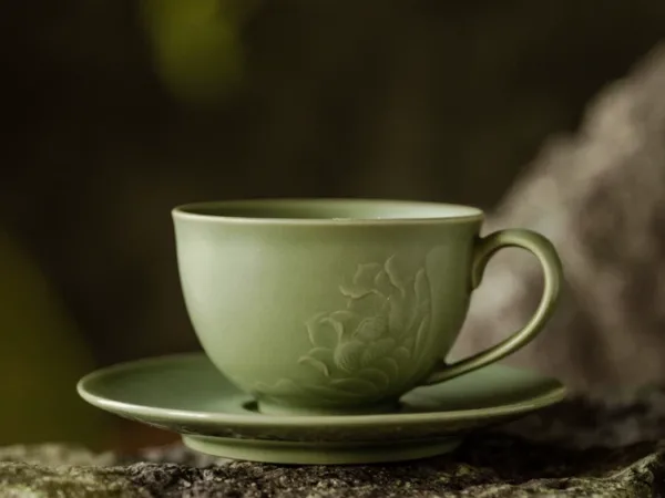 Celadon Lotus Ceramic Coffee Mug showing ceramic craft and surface detail