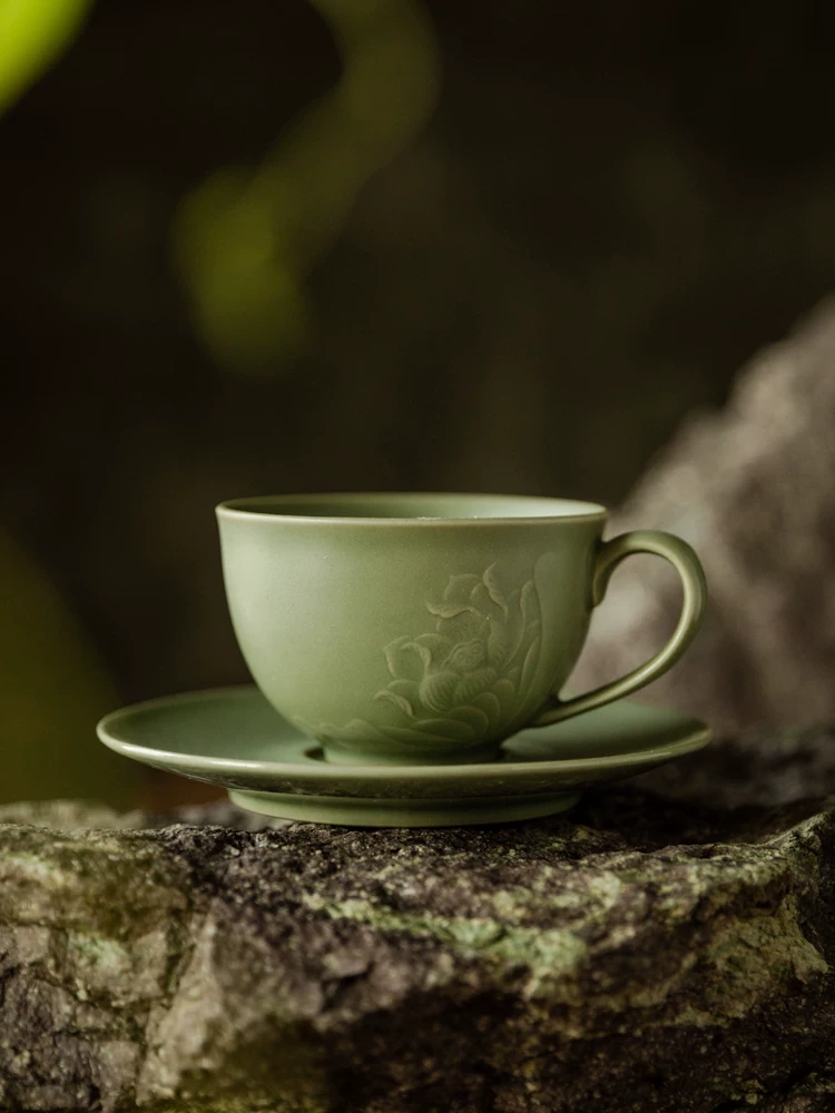 Celadon Lotus Ceramic Coffee Mug showing ceramic craft and surface detail