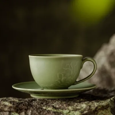 Celadon Lotus Ceramic Coffee Mug showing ceramic craft and surface detail