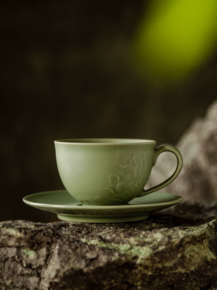 Celadon Lotus Ceramic Coffee Mug showing ceramic craft and surface detail