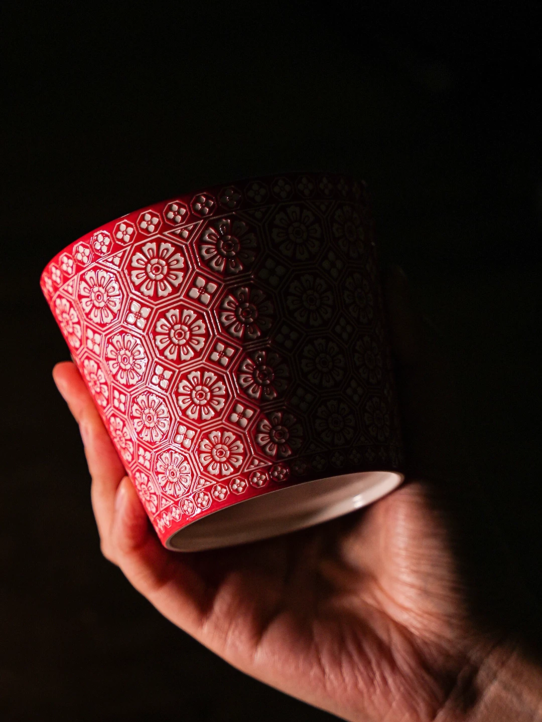 Floral Relief Ceramic Coffee Mug showing carved relief ceramic surface texture