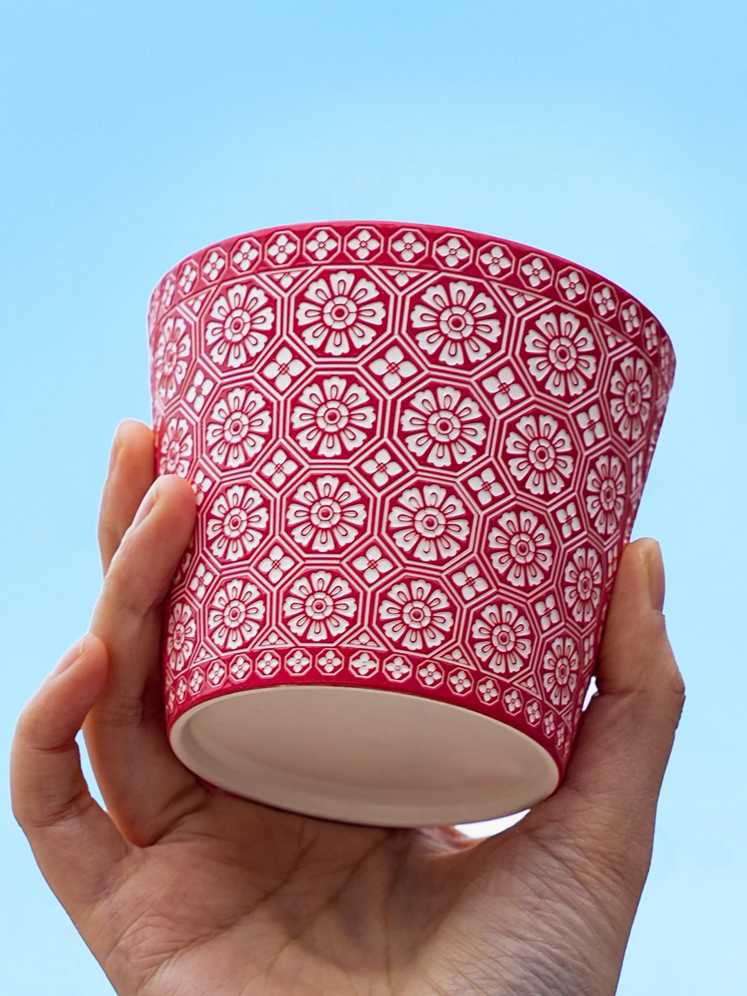 Floral Relief Ceramic Coffee Mug showing carved relief ceramic surface texture