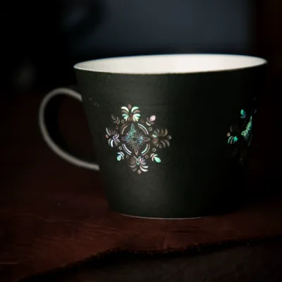 Mother-of-Pearl Inlay Ceramic Coffee Mug showing ceramic craft and surface detail