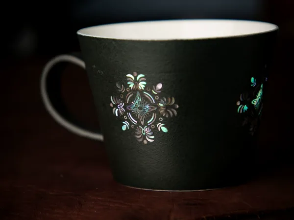 Mother-of-Pearl Inlay Ceramic Coffee Mug showing ceramic craft and surface detail