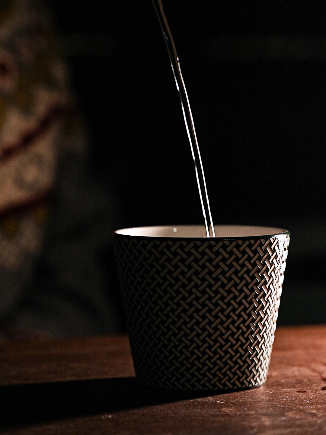 Woven Pattern Relief Ceramic Coffee Mug showing carved relief ceramic surface texture