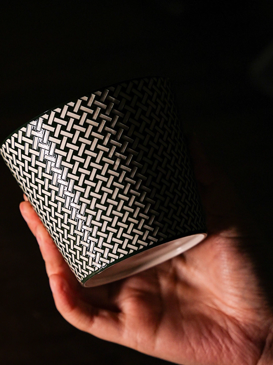 Woven Pattern Relief Ceramic Coffee Mug showing carved relief ceramic surface texture