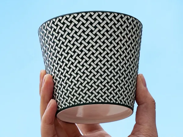 Woven Pattern Relief Ceramic Coffee Mug showing carved relief ceramic surface texture