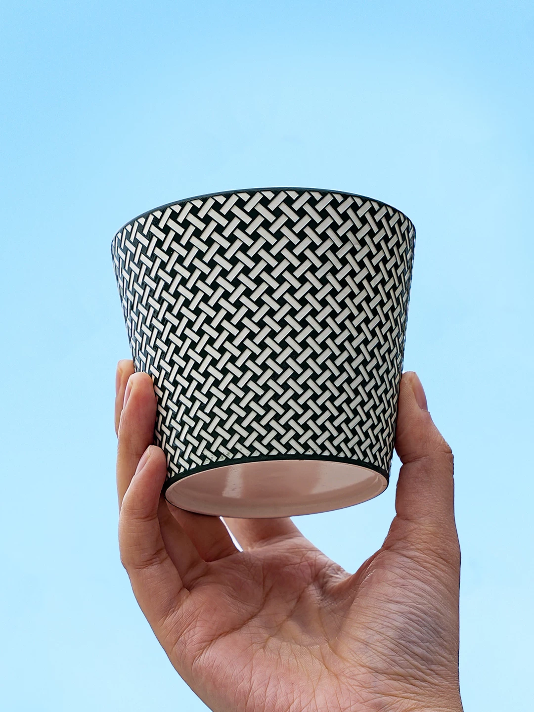 Woven Pattern Relief Ceramic Coffee Mug showing carved relief ceramic surface texture